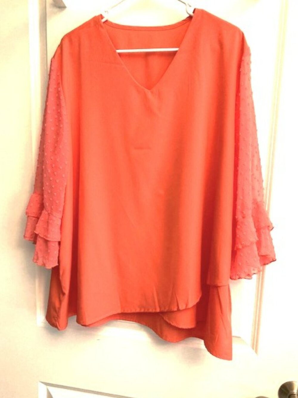 Coral top with dotted Swiss Ruffled Sleeve- NEW